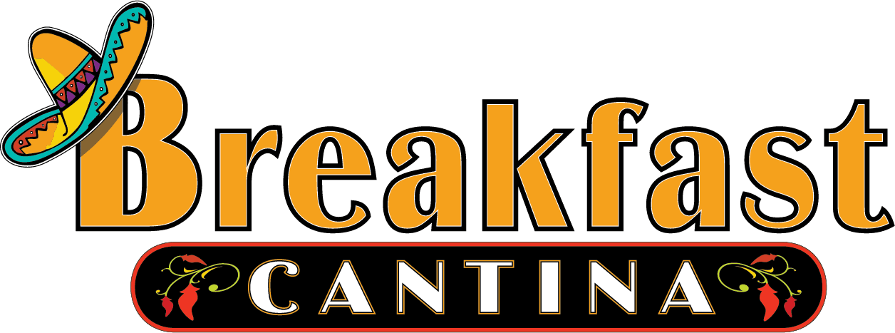 orange sombrero on capital B in the word breakfast in orange letters over a black oval with white letters spelling cantina with red peppers on the side for Breakfast Cantina in Sandpoint, Idaho